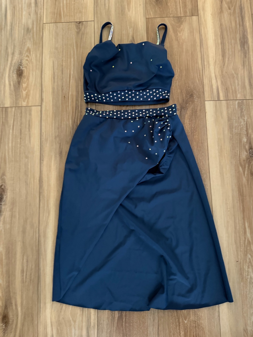 Two-Piece Blue Kelle Dance Costume with rhinestones. Adult small.